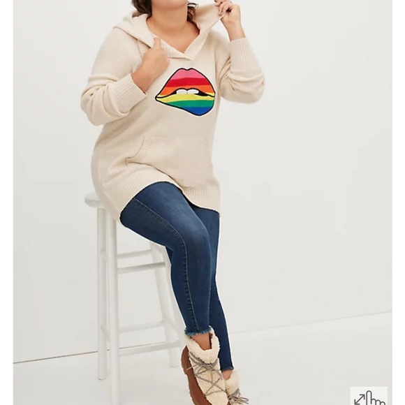Torrid RAGLAN HOODIE SWEATER - RAINBOW LIPS OATMEAL Size 2” - Picture 1 of 8